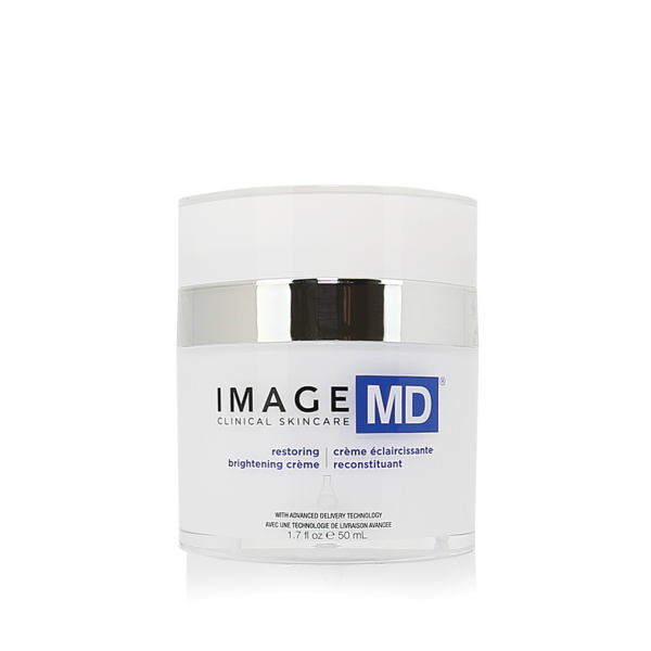 Ein weißer Tiegel der IMAGE MD Restoring Brightening Crème mit silbernem Deckel, 50 ml.