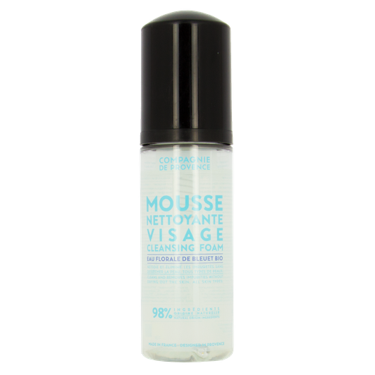 Flasche mit Mousse Nettoyante Visage Cleansing Foam von Compagnie de Provence, 98% natürliche Inhaltsstoffe, schwarzer Deckel.