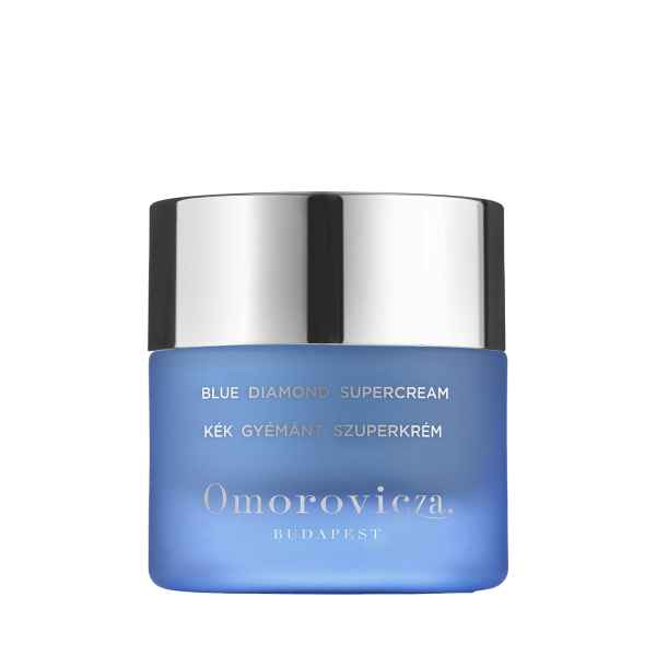 Blauer Tiegel der Omorovicza Blue Diamond Supercream mit silbernem Deckel und ungarischer Beschriftung.