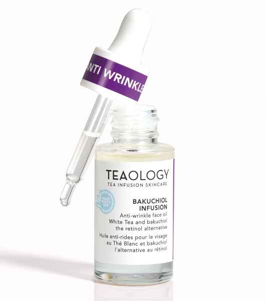 TEAOLOGY Bakuchiol Infusion Anti-Falten-Gesichtsöl mit weißem Tee und Bakuchiol, Pipette und Flasche.