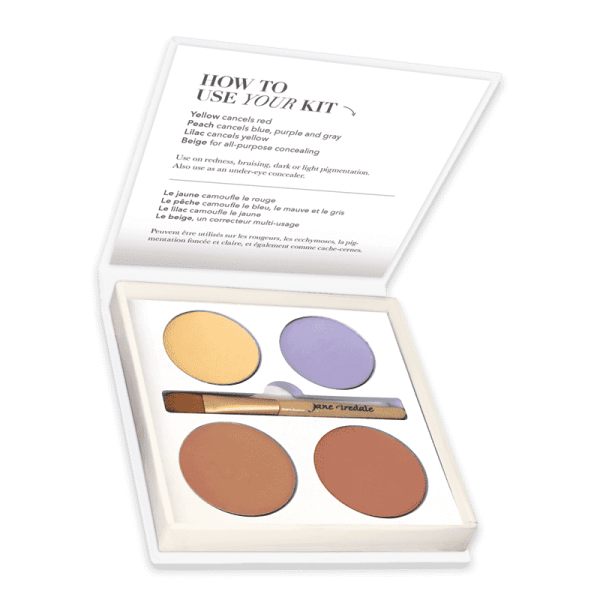 Offene Make-up-Palette mit vier Farben und Pinsel, Anleitung im Deckel.