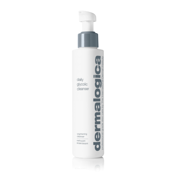 Dermalogica Daily Glycolic Cleanser in weißer Flasche mit grauem Pumpverschluss.