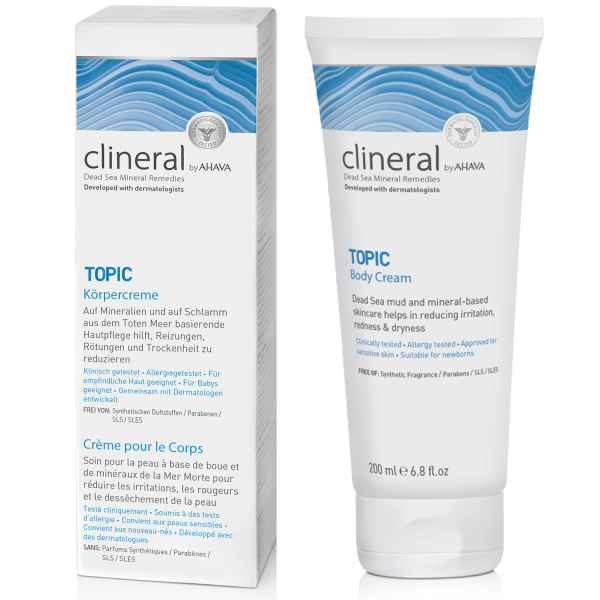 Clineral by AHAVA TOPIC Körpercreme, 200 ml Tube und Verpackung, basierend auf Mineralien und Schlamm aus dem Toten Meer.
