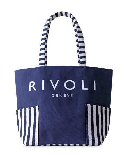Dunkelblaue Rivoli Genève Tasche mit gestreiften Henkeln und Taschen.