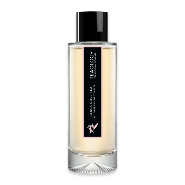 Flasche des Black Rose Tea Eau de Toilette von Teaology mit schwarzem Etikett und transparentem Glas.