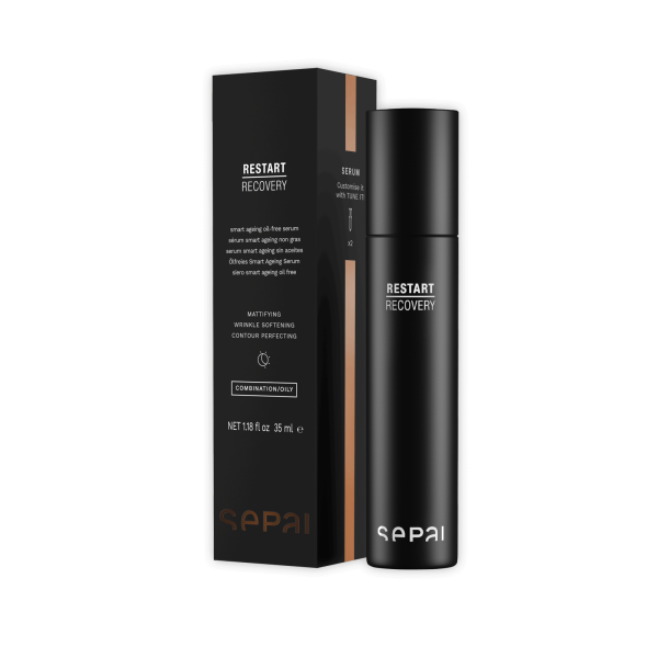 Schwarze Flasche und Verpackung von Sepai Restart Recovery Serum, 35 ml, auf weißem Hintergrund.