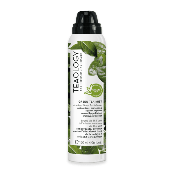 TEAOLOGY Green Tea Mist, 120 ml Flasche, antioxidativer Schutz, Make-up-Erfrischer, grünes Teeblatt-Design.