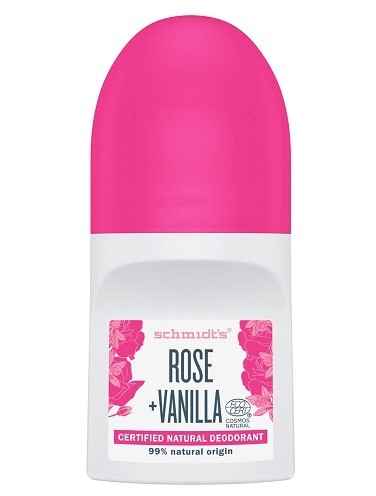 Schmidt's Rose + Vanilla Deodorant, zertifiziert natürlich, 99% natürlichen Ursprungs, rosa und weiße Verpackung.