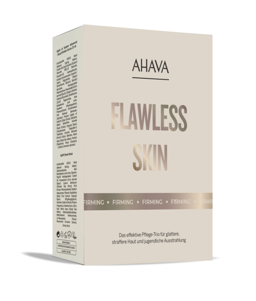 Verpackung des Ahava Flawless Skin Sets, ein Pflege-Trio für glattere, straffere Haut und jugendliche Ausstrahlung.