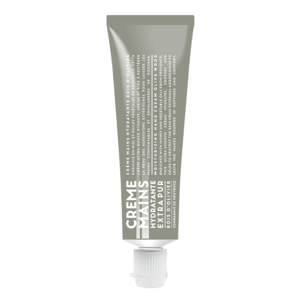 Handcreme in grauer Tube mit weißer Aufschrift, 30ml, Olivenholz-Duft.