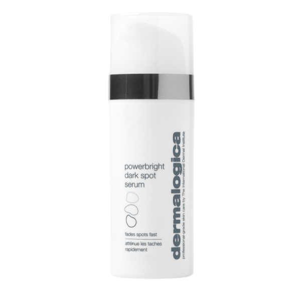 Dermalogica Powerbright Dark Spot Serum, weißer Flakon mit schwarzem Deckel, Text 'fades spots fast' und 'atténue les taches rapidement'.