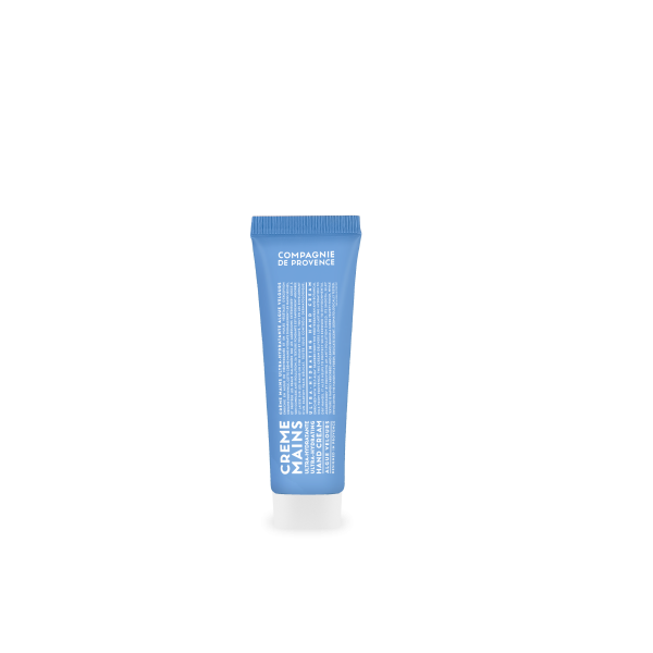 Eine blaue Tube Handcreme von Compagnie de Provence, 30 ml, Algue Velours.