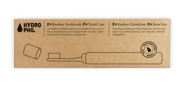 Verpackung von Hydrophil mit 2 Bambuszahnbürsten und 2 Reiseetuis aus nachhaltigem Material.