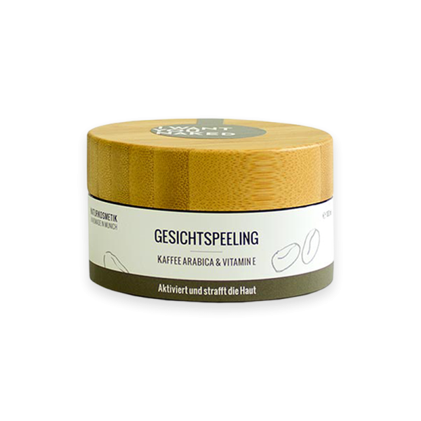 Gesichtspeeling mit Kaffee Arabica und Vitamin E in einer runden Holzverpackung. Aktiviert und strafft die Haut.