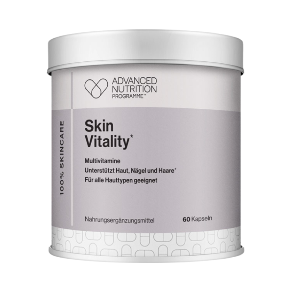 Dose mit Skin Vitality Nahrungsergänzungsmittel, 60 Kapseln, für Haut, Nägel und Haare, geeignet für alle Hauttypen.