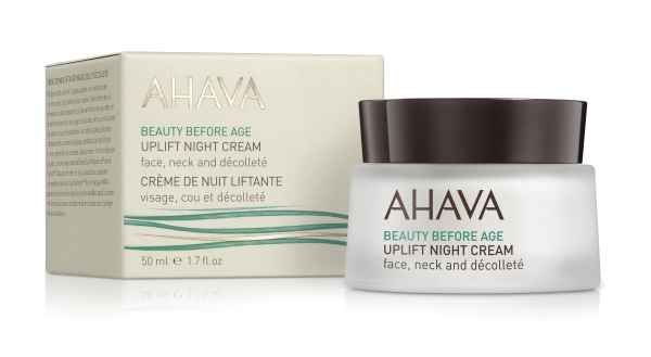 AHAVA Uplift Night Cream für Gesicht, Hals und Dekolleté, 50 ml, in Glasbehälter mit Verpackung.