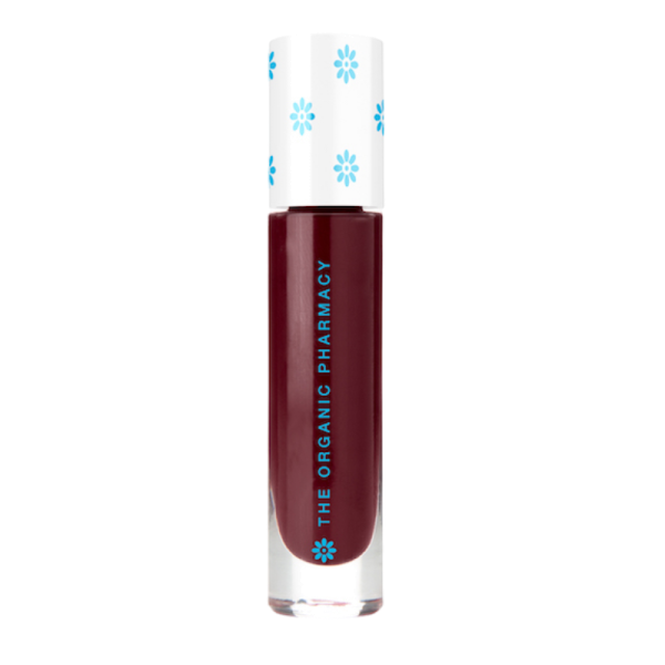THE ORGANIC PHARMACY Plumping Lippenstift in Rot, in einer weißen Hülse mit blauen Blumenmuster und Logo.