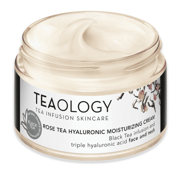 TEAOLOGY Rose Tea Hyaluronic Moisturizing Cream, schwarze Tee-Infusion und dreifache Hyaluronsäure für Gesicht und Hals.