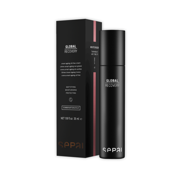 Schwarze Flasche und Verpackung von Sepai Global Recovery Anti-Aging-Creme, 35 ml.