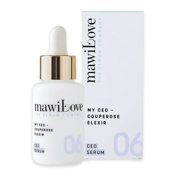 mawiLove My CEO Couperose Elixir Serum 30ml Flasche und Verpackung auf weißem Hintergrund.