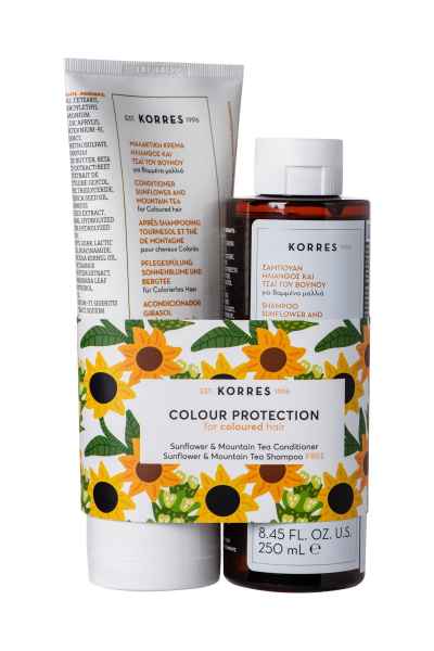 Zwei Korres Haarpflegeprodukte: Sonnenblumen- und Bergtee-Conditioner und Shampoo für gefärbtes Haar, 250 ml.