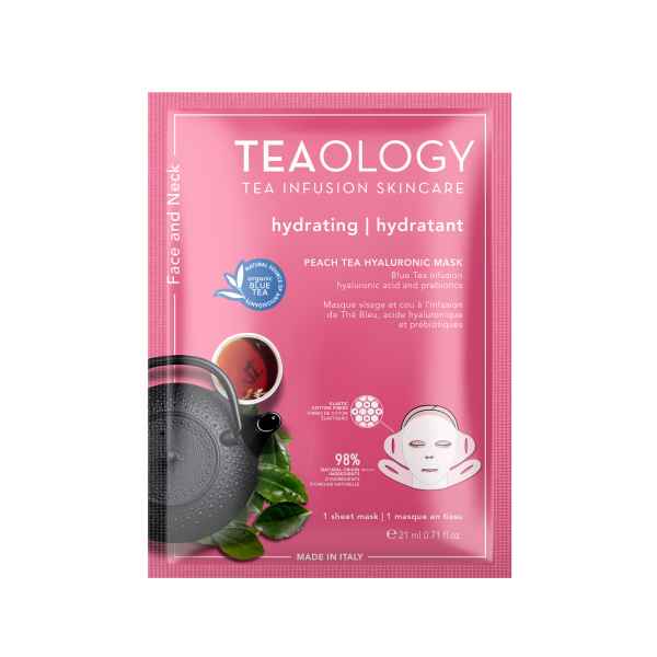 TEAOLOGY Peach Tea Hyaluronic Mask, feuchtigkeitsspendend, 1 Tuchmaske, 21 ml, rosa Verpackung mit Teekanne und Teeblättern.
