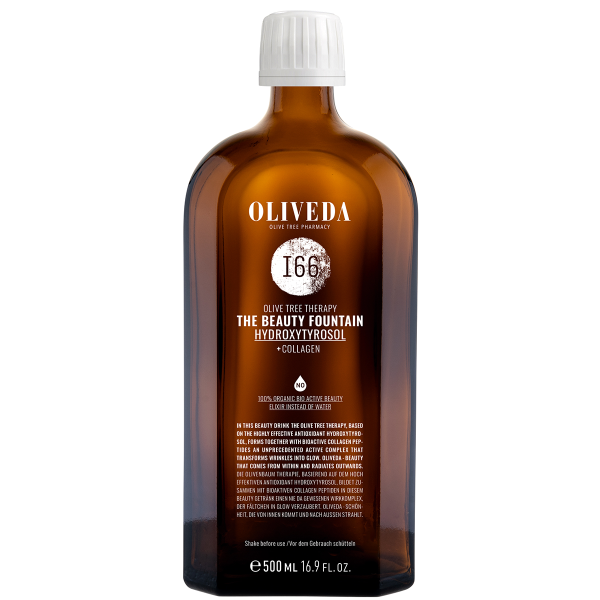 Braune Glasflasche mit weißem Verschluss, beschriftet mit 'OLIVEDA I66 The Beauty Fountain Hydroxytyrosol + Collagen', 500 ml.