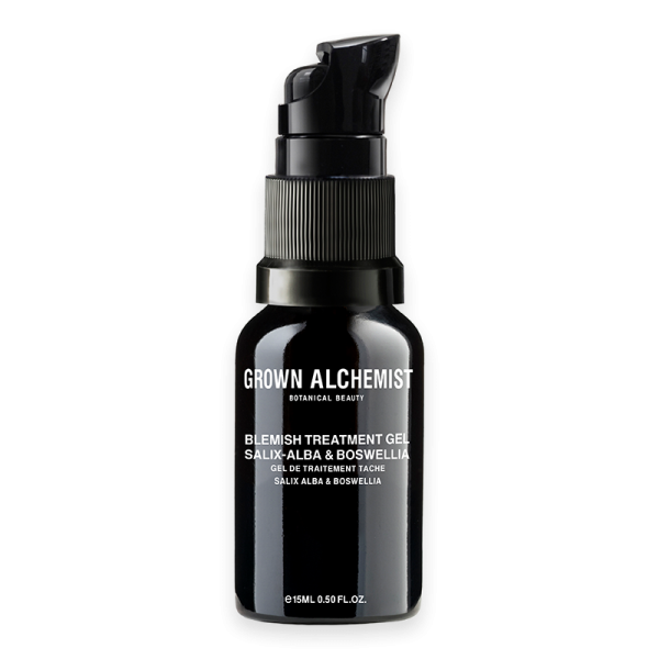 Grown Alchemist Blemish Treatment Gel 15 ml Flasche, Salix-Alba & Boswellia, schwarze Verpackung.
