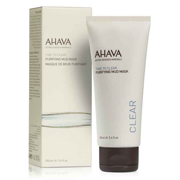 AHAVA Time to Clear Purifying Mud Mask, 100 ml Tube, neben der Verpackung.