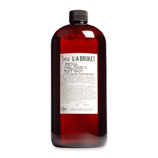 L:A Bruket Lemongrass No. 069 Refill Duschgel 1000 ml in einer braunen Flasche mit weißem Etikett.