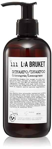 Eine Flasche L:A Bruket Shampoo Nr. 111 mit Zitronengras, 250 ml, auf weißem Hintergrund.