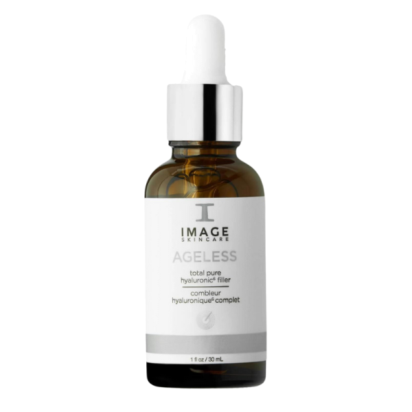 Flasche IMAGE Skincare Ageless Total Pure Hyaluronic Filler, 30 ml, mit Pipette.