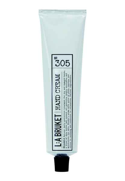 L:A Bruket Handcreme Nr. 305 Hinoki, 70ml Tube, weiße Verpackung mit schwarzem Text.
