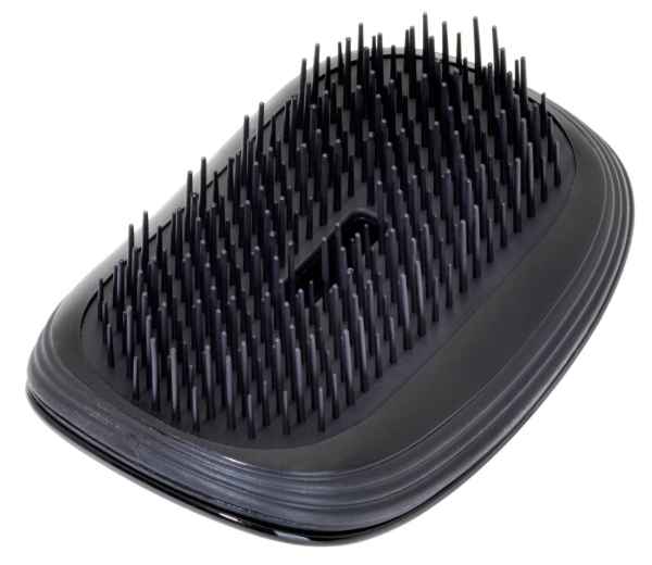 Schwarze Haarbürste mit langen Borsten auf weißem Hintergrund.