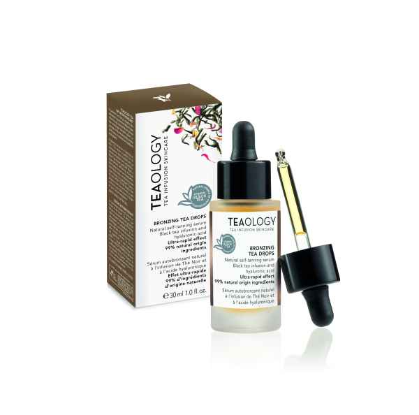 TEAOLOGY Bronzing Tea Drops, 30ml Flasche mit Pipette und Verpackung, auf weißem Hintergrund.
