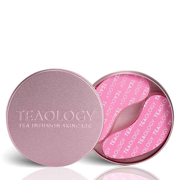 Rosa Tealogy-Dose mit geöffnetem Deckel, zeigt rosa Augenpatches mit Tealogy-Logo.