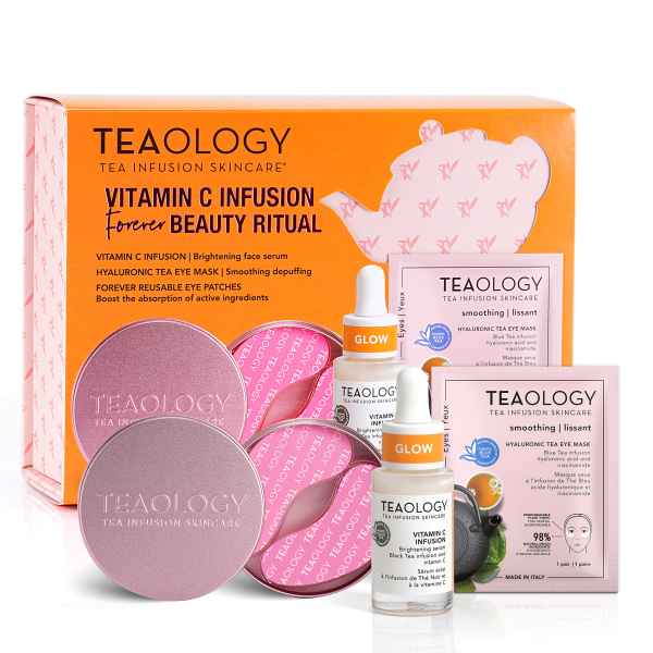 TEAOLOGY Vitamin C Infusion Forever Beauty Ritual Set mit Gesichtspflegeprodukten, Augenpads und Hyaluronsäure-Augenmaske.