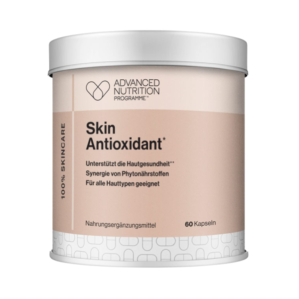 ADVANCED NUTRITION PROGRAMME Skin Antioxidant Nahrungsergänzungsmittel, 60 Kapseln, weiße Verpackung mit lila Schrift und Pflanzenmuster.
