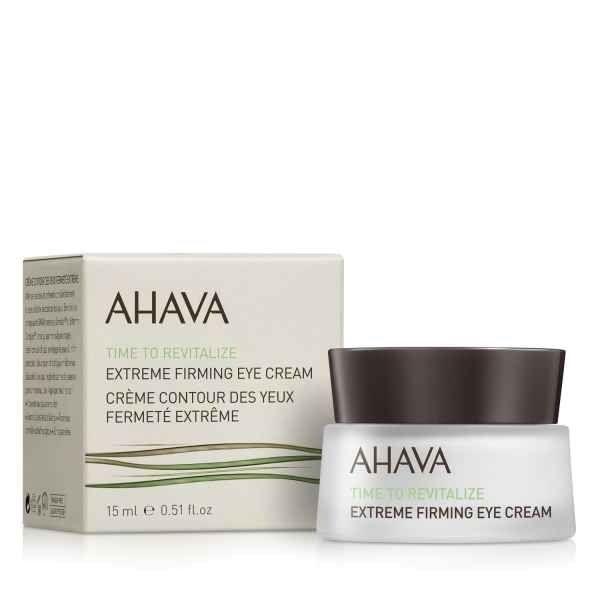 AHAVA Extreme Firming Eye Cream 15 ml, Verpackung und Tiegel, auf weißem Hintergrund.
