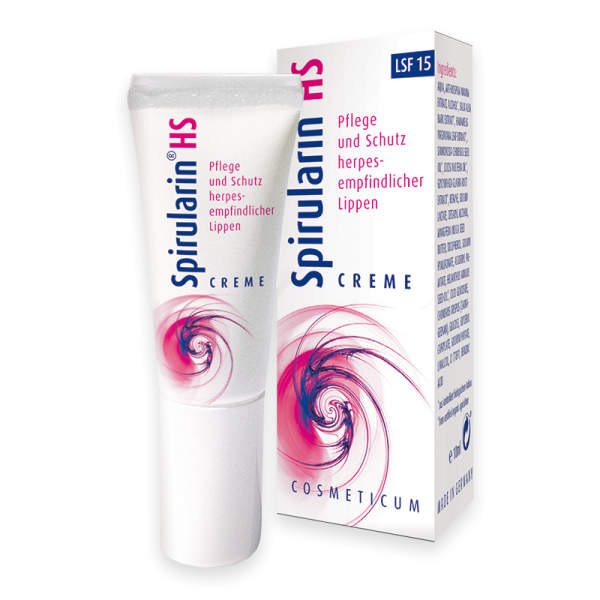 Spirularin HS Creme, Pflege und Schutz für herpes-empfindliche Lippen, LSF 15, Tube und Verpackung, weiß mit pinken Akzenten.