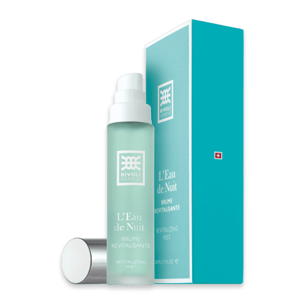 Rivoli Genf L'Eau de Nuit Brume Revitalisante, revitalisierendes Spray, 30ml Flasche neben Verpackung.