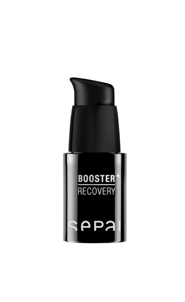 Schwarze Flasche mit der Aufschrift 'Booster+ Recovery' von Sepai, auf weißem Hintergrund.