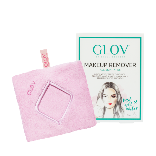 GLOV Make-up-Entferner für alle Hauttypen, rosa Tuch und Verpackung mit Illustration einer Frau, Text 'just add water'.