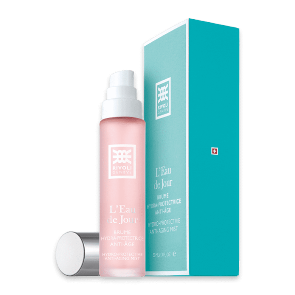 Produktbild von Rivoli Genf L'Eau de Jour Anti-Aging-Mist mit Verpackung.