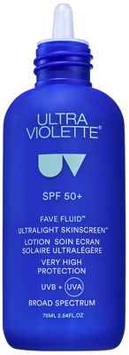 Blaues Ultra Violette Fave Fluid SPF 50+ Fläschchen, 75 ml, ultraleichte, duftfreie Sonnenschutzlotion.