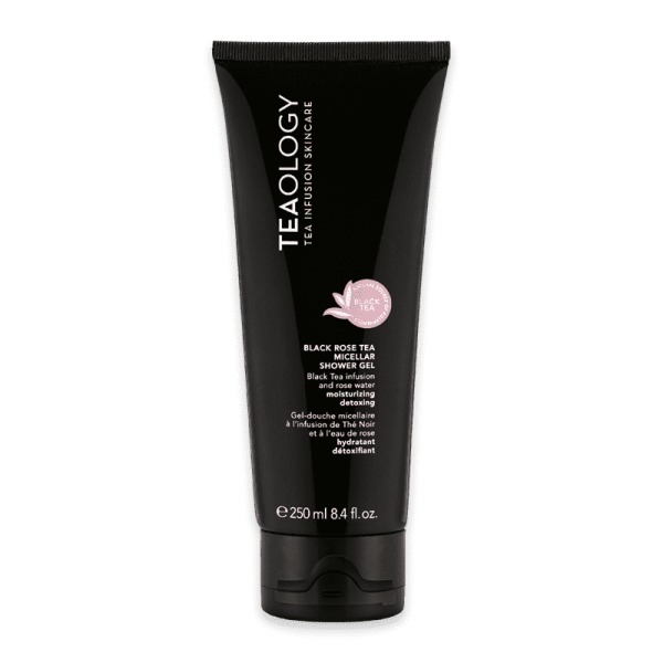 Schwarzes Duschgel mit Rosenblüten-Design, 250 ml Tube, Marke Teaology, Text: 'Black Rose Tea Micellar Shower Gel'.