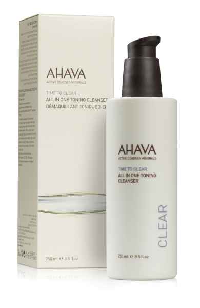 AHAVA Time to Clear All in One Toning Cleanser, 250 ml, vor weißem Hintergrund mit Verpackung.