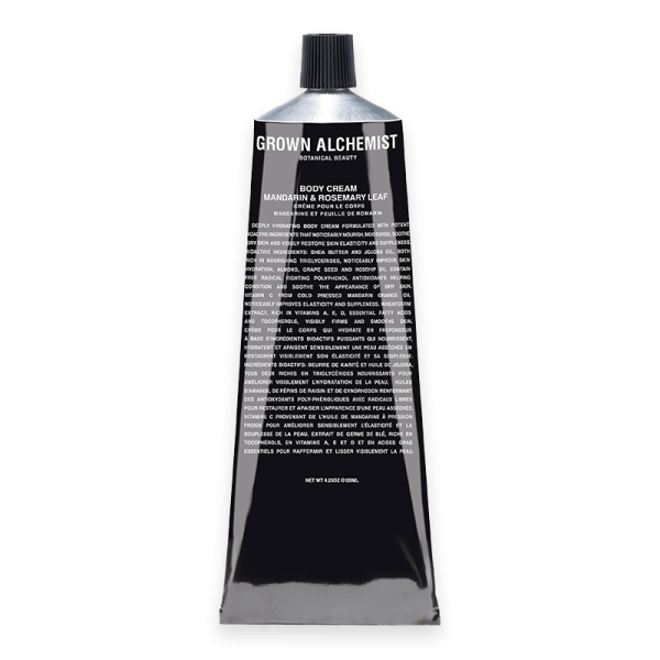 Schwarze Tube Grown Alchemist Body Cream 120 ml mit Mandarine und Rosmarinblatt.