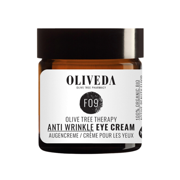 OLIVEDA F09 Anti-Wrinkle Augencreme in braunem Glasbehälter mit weißem Etikett.