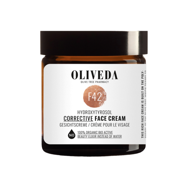 Oliveda F42 Hydroxytyrosol Corrective Face Cream in braunem Glasbehälter mit weißem Etikett.